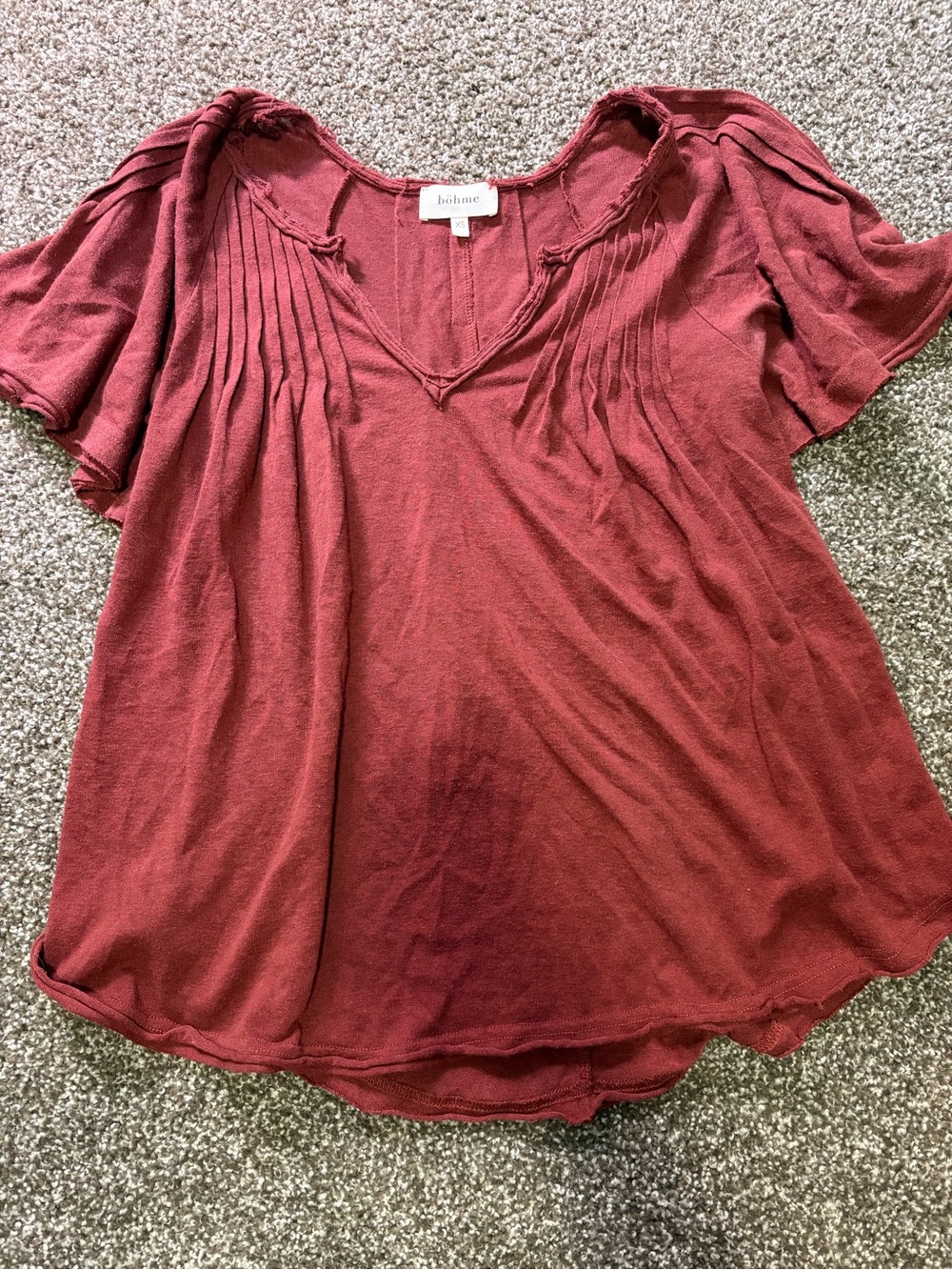 Bohme Red V-Neck Pleated Short Sleeve Top